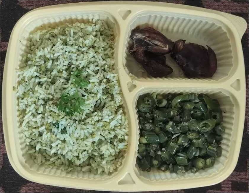 Aurlo meal — rice, vegetables and lentils
