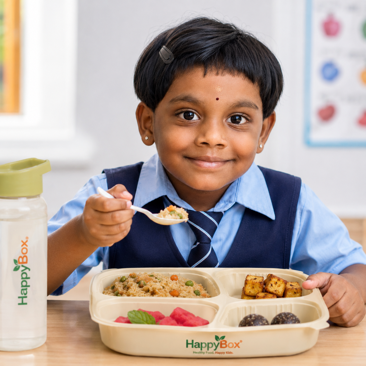 Happy student with HappyBox nutritious school meal