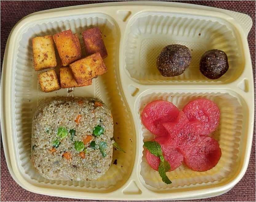 Super meal — quinoa, vegetables, paneer and fruit